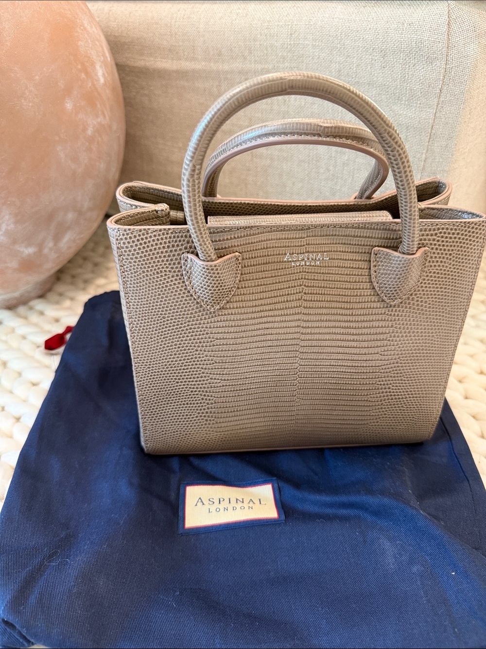 Aspinal London Taupe Lizard-Embossed Mini Satchel Bag